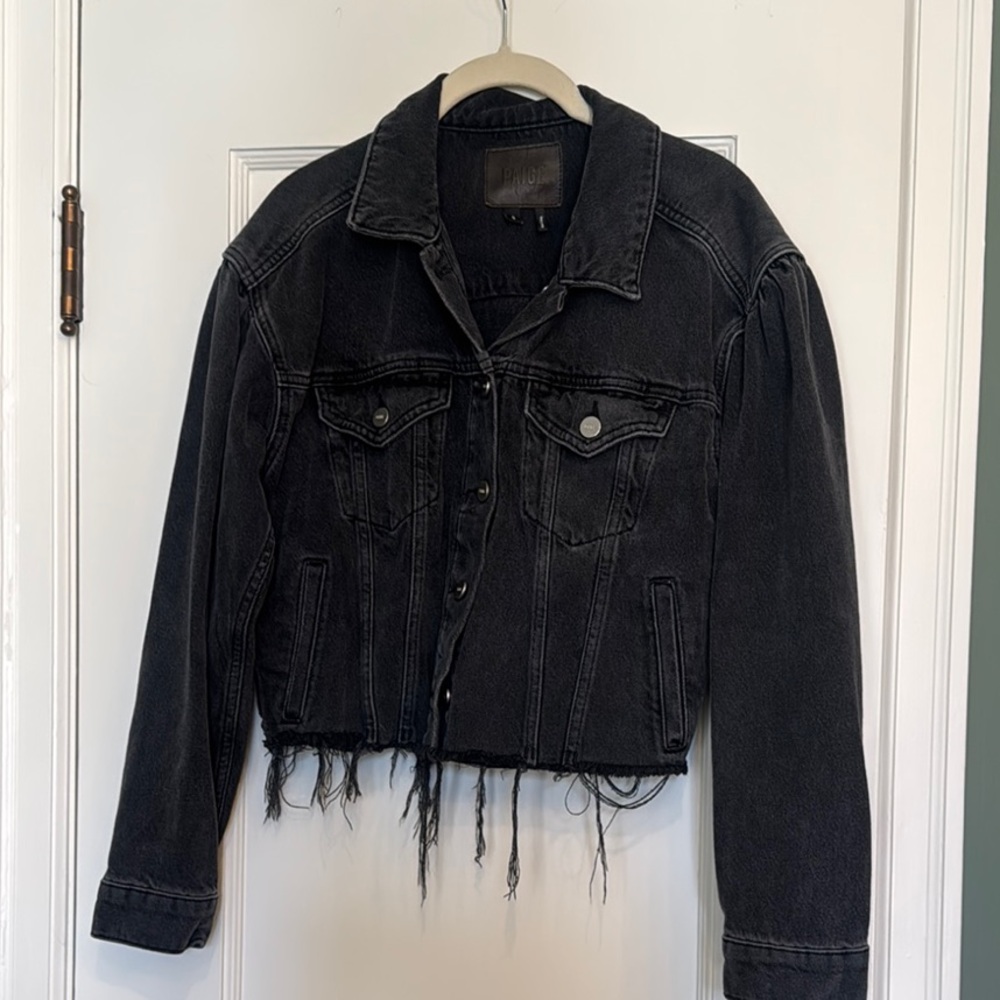PAIGE Black Jean Jacket Cropped Raw-Edge Hem